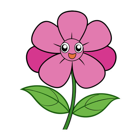 Smiling pink flower cartoon with green leaves illustrationのイラスト素材