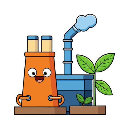 Happy factory alongside plant representing green energy futureのイラスト素材