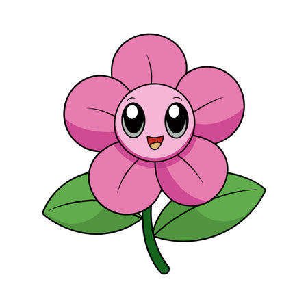 Cute cartoon flower with happy face and green leavesのイラスト素材
