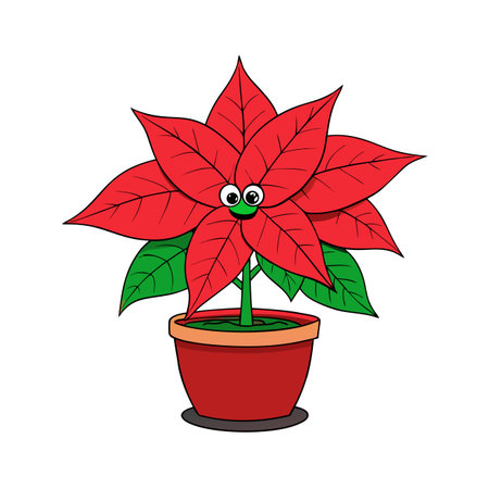 Cartoon poinsettia plant with eyes in red pot illustrationのイラスト素材