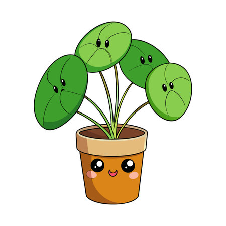Cartoon Pilea Plant with Eyes in Cute Pot Imageのイラスト素材