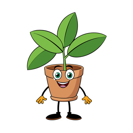 Cartoon plant character smiling in brown terracotta potのイラスト素材