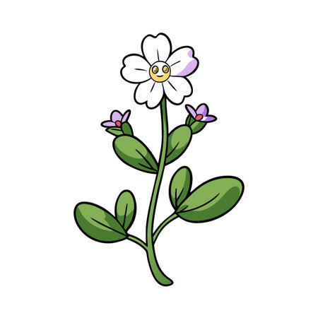 Smiling cartoon flower with white petals and green leavesのイラスト素材