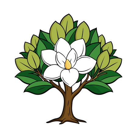 Stylized cartoon tree with magnolia blossom and leavesのイラスト素材