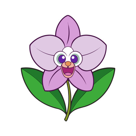 Cartoon orchid flower with face and leaf illustrationsのイラスト素材