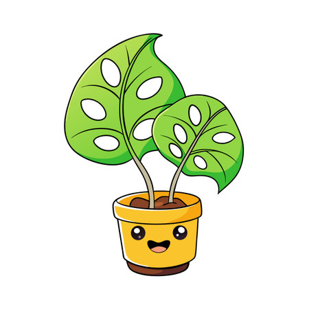 Cute Monstera Adansonii Plant in Smiling Pot Cartoon Styleのイラスト素材