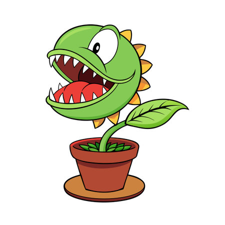 Cartoon piranha plant in pot with wide open mouthのイラスト素材