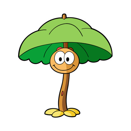 Cartoon plant character with leaf umbrella smiling cheerfullyのイラスト素材