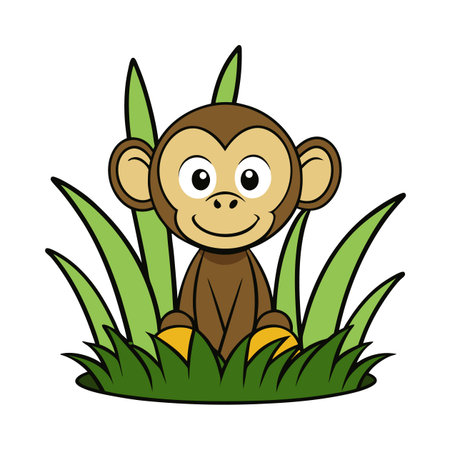 Cartoon Monkey Sitting in Grass with Friendly Expressionのイラスト素材