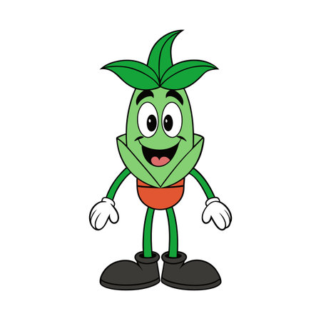Cartoon character of a happy plant with green leavesのイラスト素材