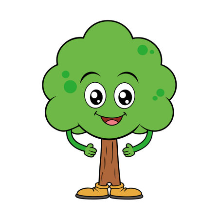 Cheerful cartoon tree character with eyes, mouth and armsのイラスト素材