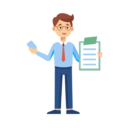 Flat vector illustration of a cheerful businessman with clipboardのイラスト素材