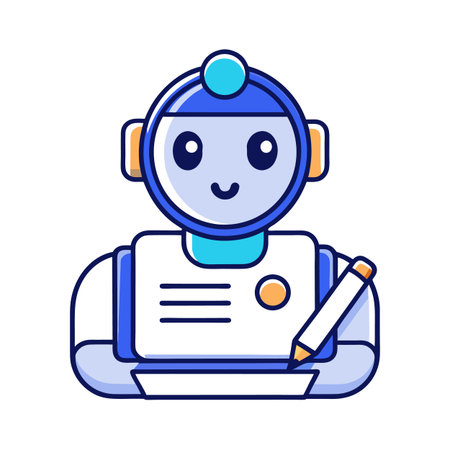Cute robot writing or taking notes with pencilのイラスト素材