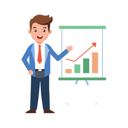 Smiling businessman presenting positive bar chart on presentation boardのイラスト素材
