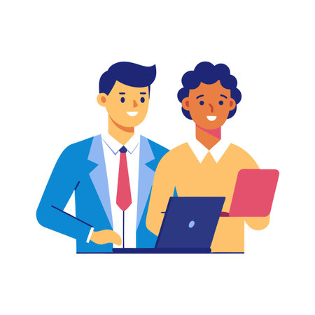 Two diverse professionals collaborating on laptops with a positive vibeのイラスト素材