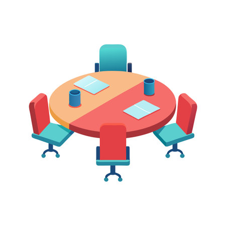 Isometric Round Conference Table with Chairs Flat Illustrationのイラスト素材