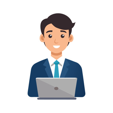 Young professional working on laptop with cartoon styleのイラスト素材