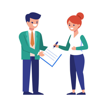 Business agreement signing between man and woman in flat styleのイラスト素材