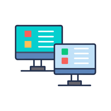 Two computer monitors displaying data in a network setupのイラスト素材