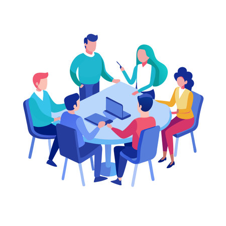 Diverse business team meeting around round table with laptopsのイラスト素材