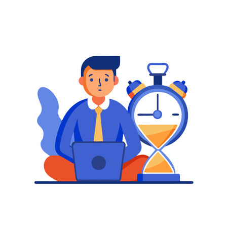 Deadline driven worker manages time with laptop and hourglassのイラスト素材