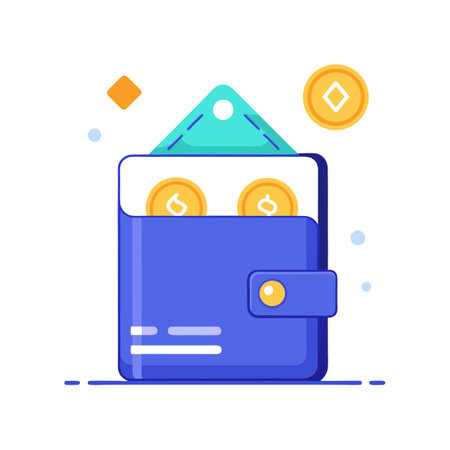 Blue wallet with coins, diamond, square on white backgroundのイラスト素材