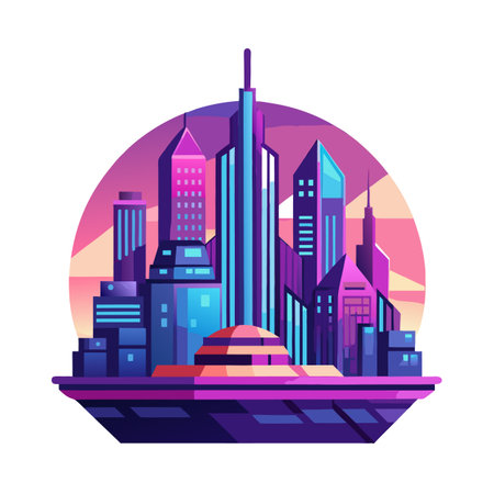Futuristic Cityscape Vector Illustration with Geometric Architecture Designのイラスト素材