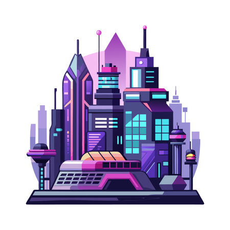 Vibrant futuristic city skyline in cartoon flat designのイラスト素材