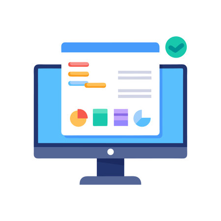 Completed online report displayed on computer screen with checkmarkのイラスト素材