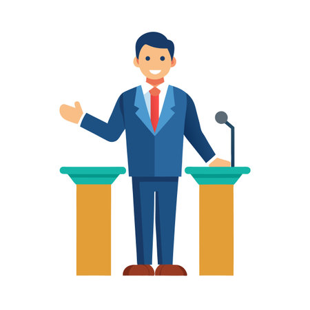Illustration of a man presenting near podiums with microphoneのイラスト素材