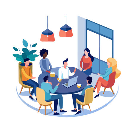 Diverse team collaboration around a round table with laptopのイラスト素材