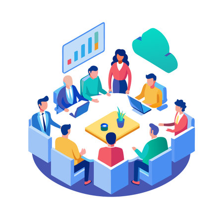 Isometric business meeting illustration with data and cloud computingのイラスト素材
