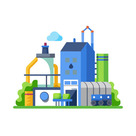 Stylized cartoon illustration of an industrial factory with colorful accentsのイラスト素材
