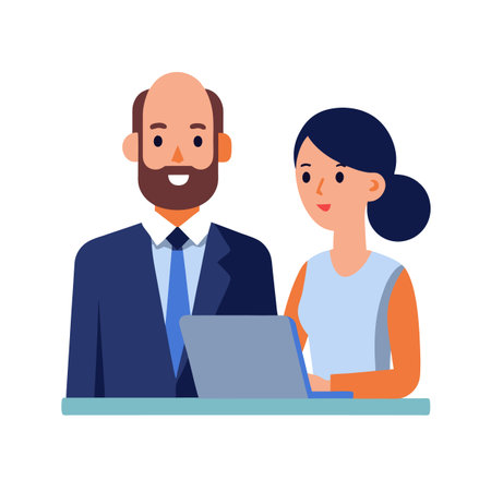 Flat illustration of two business people working on laptopのイラスト素材