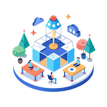 Isometric office space depicting employees working around abstract structureのイラスト素材