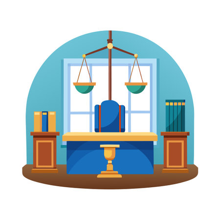 Illustration of law courtroom with scales desk and booksのイラスト素材