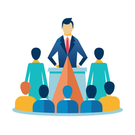 Business presentation meeting with speaker and audience flat illustrationのイラスト素材