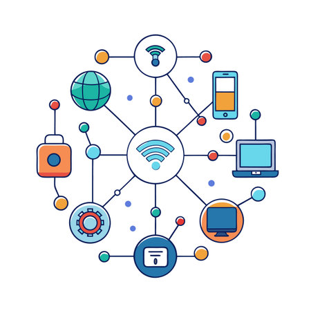 Network connectivity graphic with multiple devices and system symbolsのイラスト素材