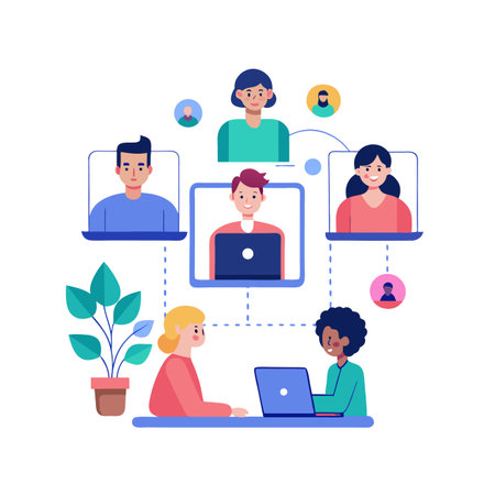 Online meeting illustration showing remote work collaboration and teamworkのイラスト素材