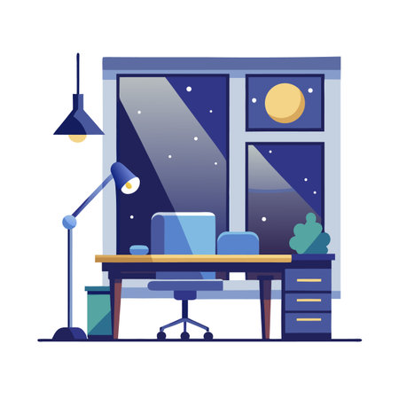 Illustration of home office setup at night with windowのイラスト素材
