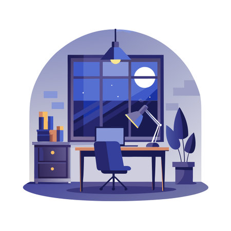 Night office scene with desk, chair and moonlight viewのイラスト素材