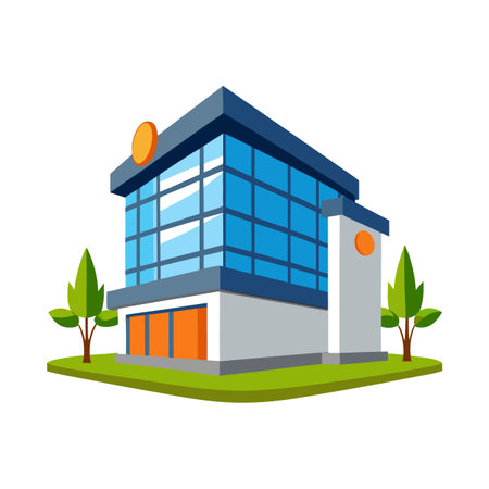 Modern cartoon building with glass facade and treesのイラスト素材
