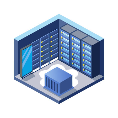 Isometric server room illustration with data center equipment racksのイラスト素材