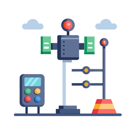 Cartoon illustration of satellite station, control panel and traffic lightsのイラスト素材
