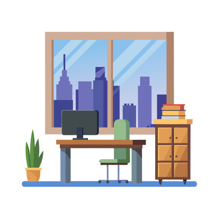 Modern office interior with city view during daytime hoursのイラスト素材