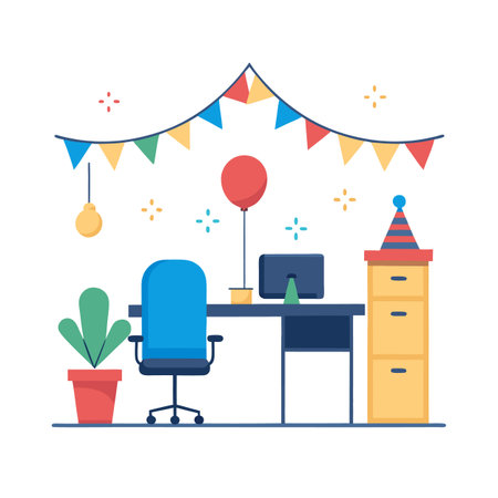 Festive office setup with party decorations illustration vectorのイラスト素材