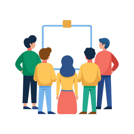 Diverse team looks at whiteboard for brainstorm planning sessionのイラスト素材