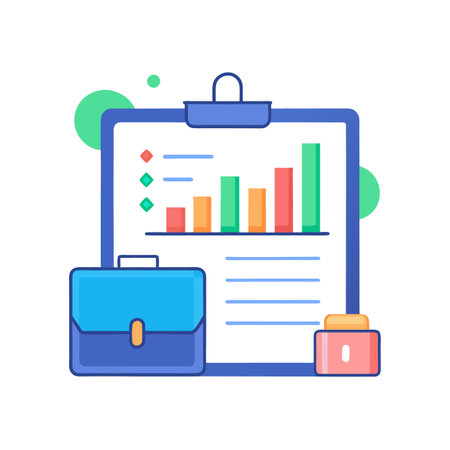 Business report on clipboard with briefcase and documentsのイラスト素材