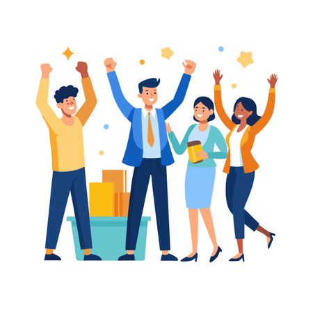 Celebrating business success with diverse team in flat styleのイラスト素材