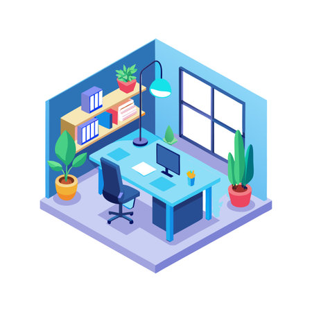 Isometric view of home office setup with natural lightのイラスト素材